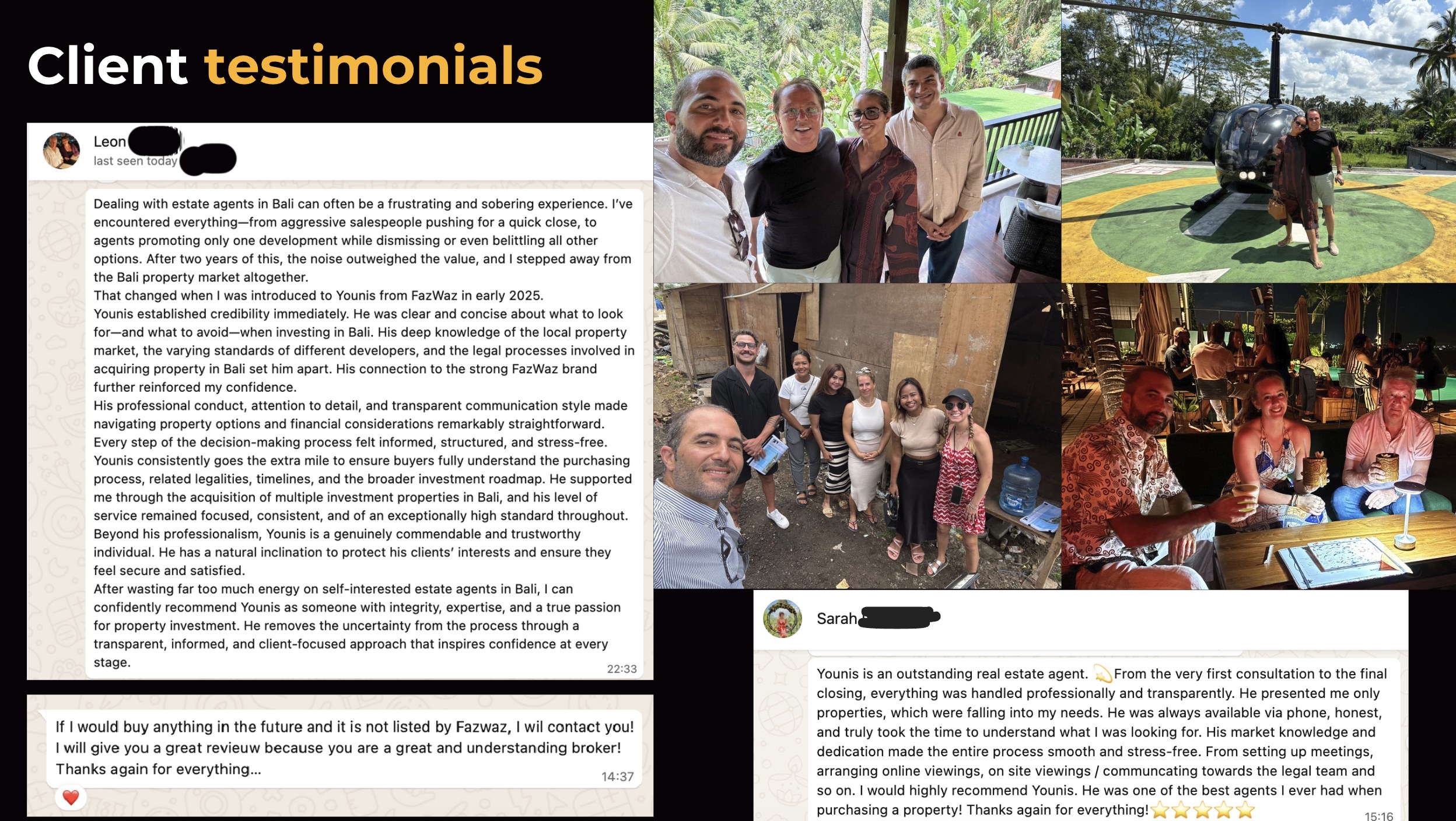 Client testimonials: WhatsApp messages from buyers describing Younis as a transparent, client-focused buyer's representative in Bali — alongside photos of site visits and meetings with clients across the island.